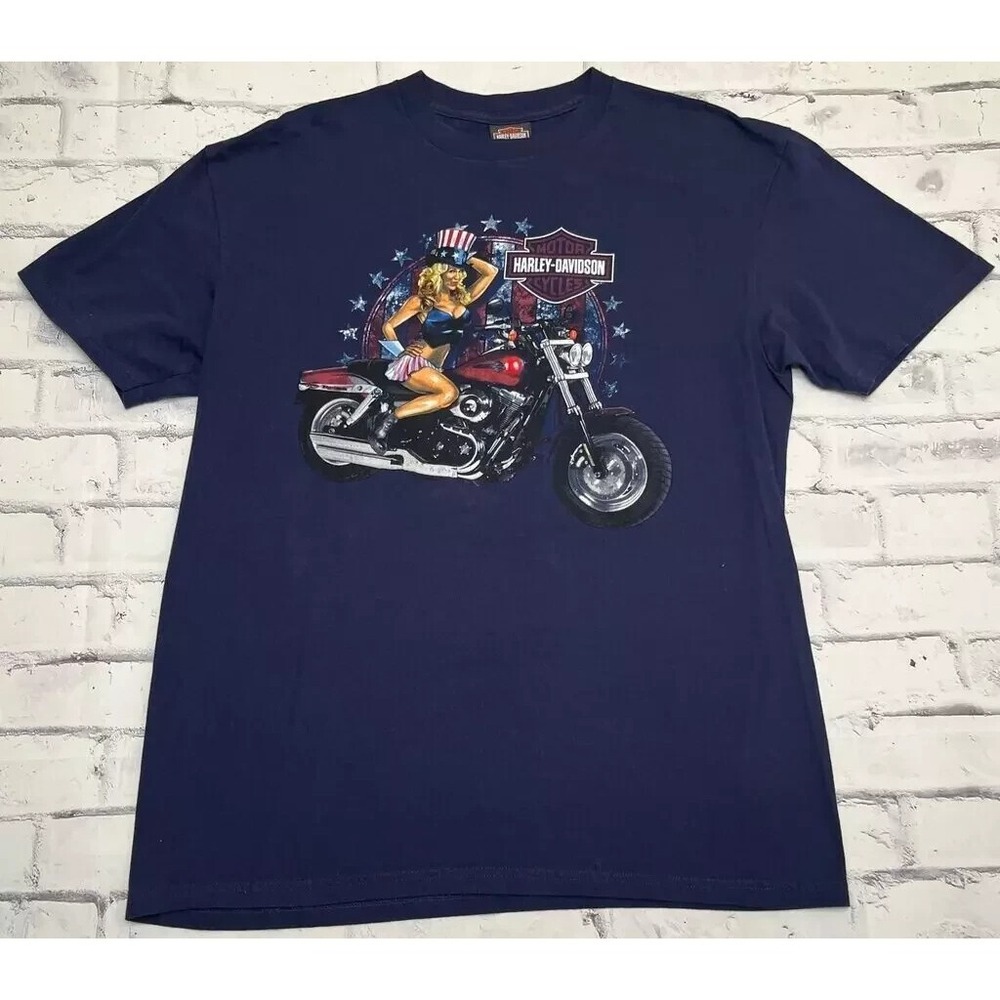 Harley Davidson Shirt XL Blue Graceland Elvis Presley King Of The Road Pinup
